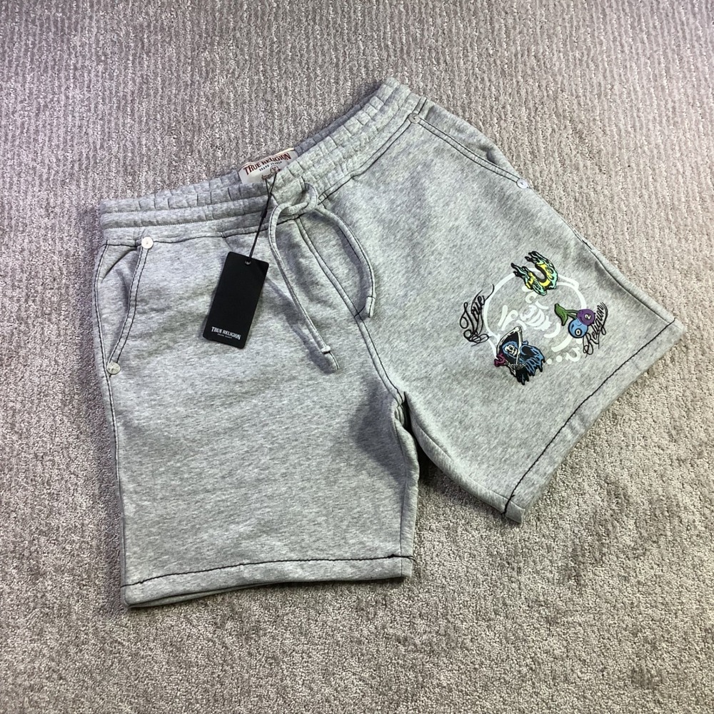 True Religion Mens Buddha Face Big T Fleece Shorts Heather Grey Size L NWT